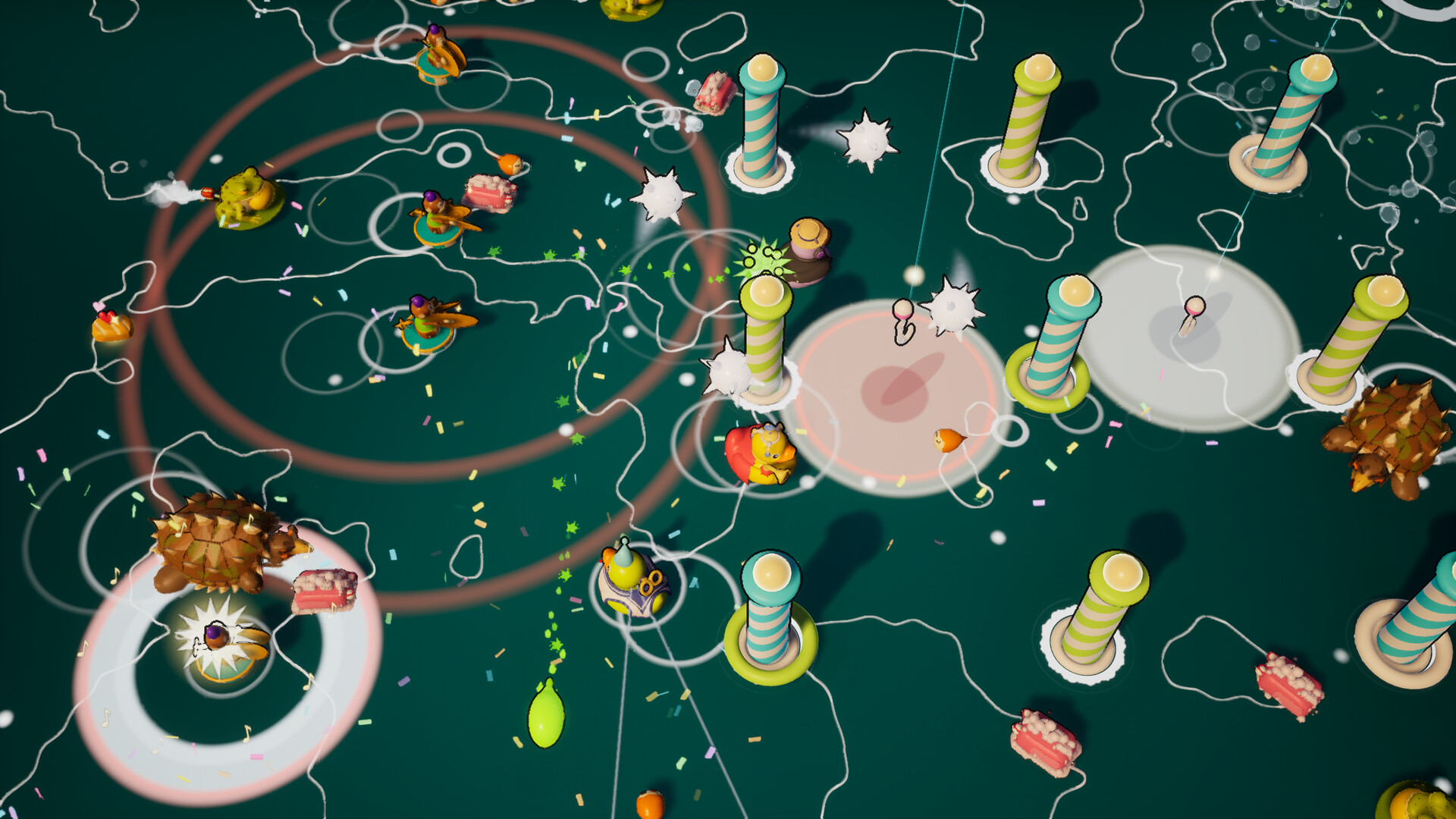 Let's Duck! gameplay screenshot showing rubber ducks battling enemies in a top-down pond