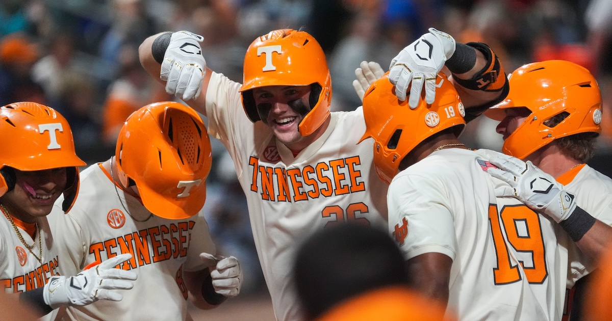 Tennessee freshman Sean Dunlap celebrates his three-run home run with teammates during the Volunteers' fall exhibition against Lipscomb at Covenant Health Park.