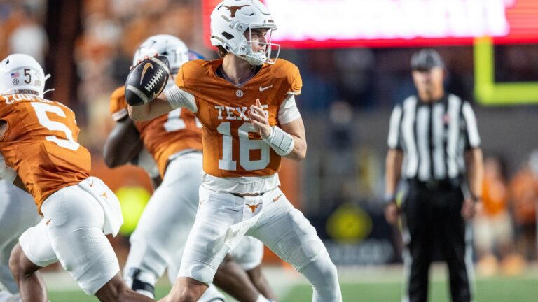 Texas quarterback Arch Manning throws a pass against Ole Miss on Oct. 24, 2026