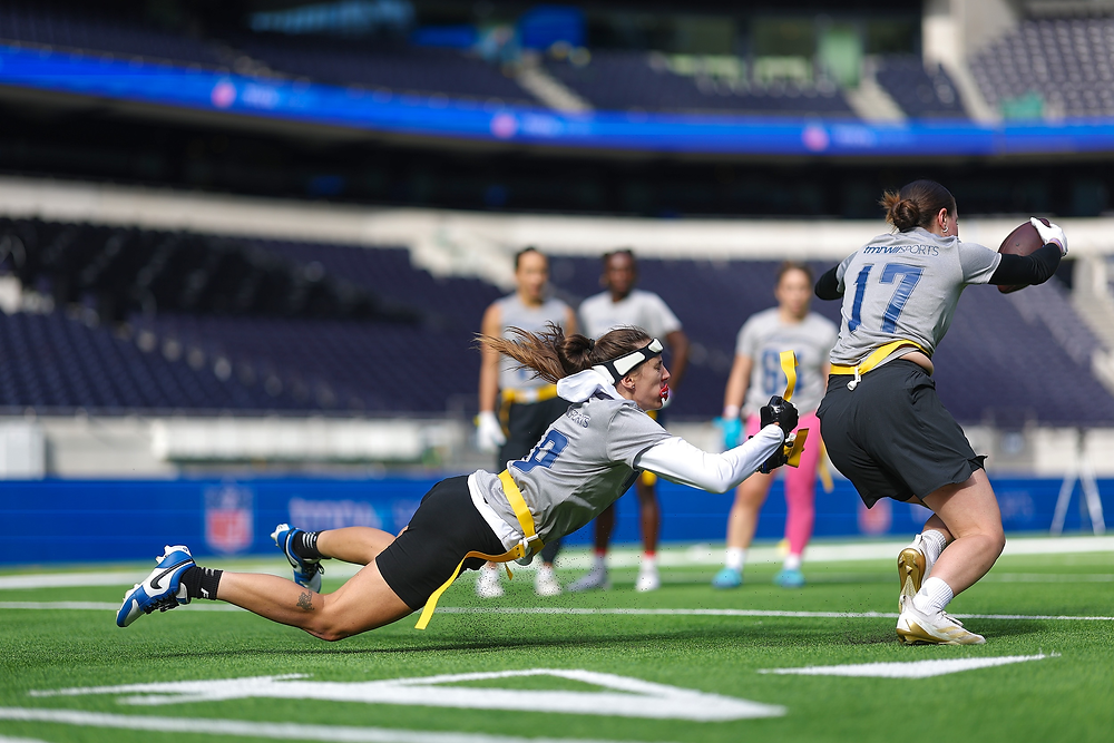 Athletes compete at a TMRW Sports talent qualifier as the NFL-backed professional flag football league takes shape.
