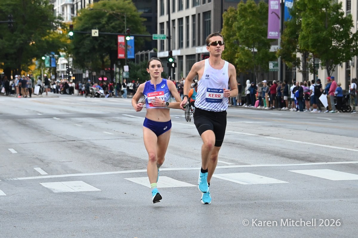 Runners racing through the streets at the 2026 Chicago Marathon