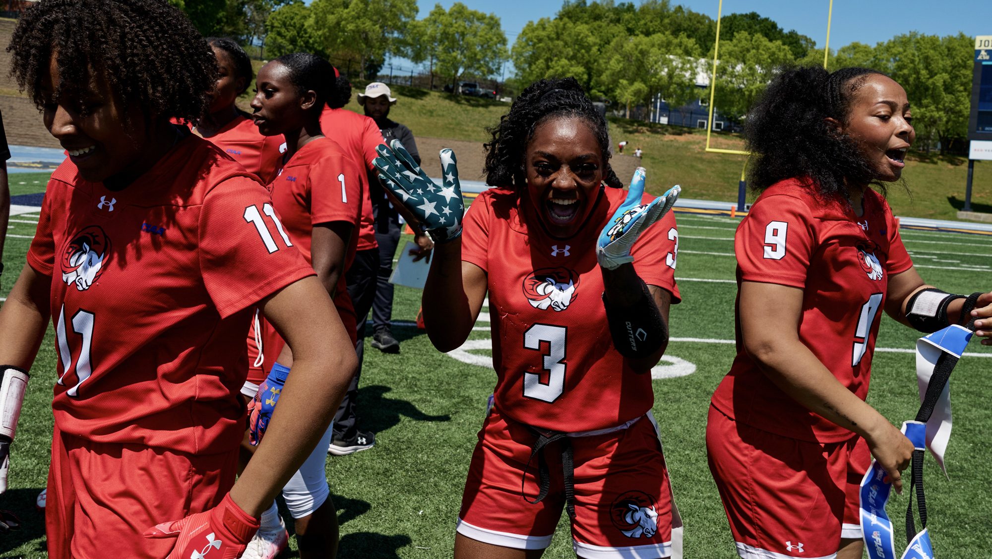 Winston-Salem State celebrates a CIAA flag football championship — the Rams have won both titles in conference history.