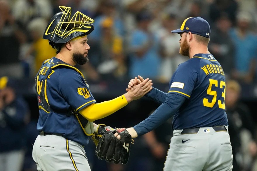 Milwaukee Brewers pitcher Brandon Woodruff celebrates the Game 3 win with catcher Gary Sanchez at Tropicana Field on Oct. 26, 2026